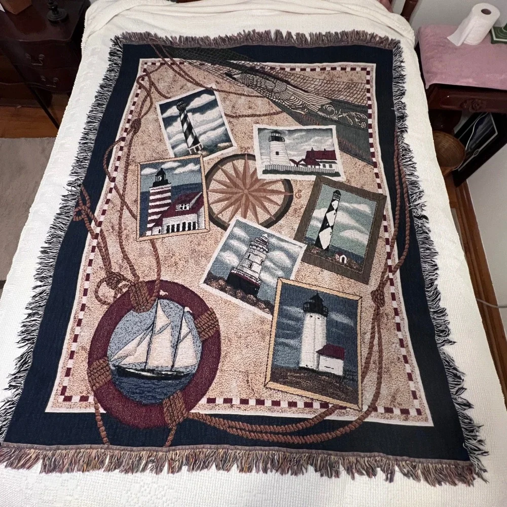 Vintage Nautical Lighthouse Woven Tapestry Throw Blanket Sailboat Compass 48x60